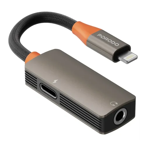 Porodo Audiolink Duo Lightning + 3.5mm Jack Audio And Charge Splitter - Black & Orange