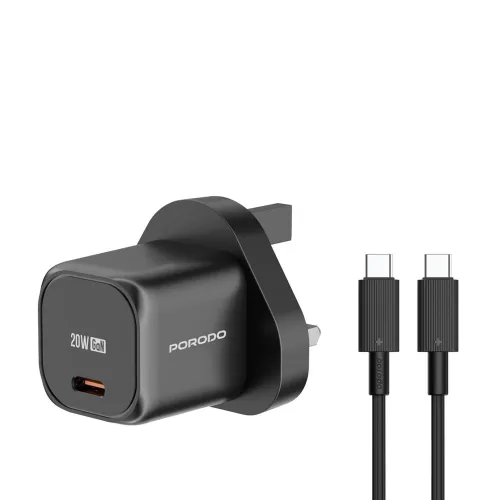 Porodo Pd 20w Usb-c Output Uk Fast Charger With Usb-c To Usb-c Cable - Black