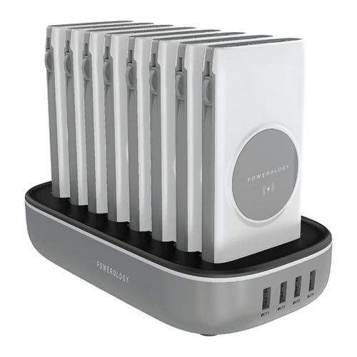 Powerology 8 in 1 Wireless Power Bank Station 10000mAh with Built-In Cable ( Lightning & Type-C ) PD 20W - White