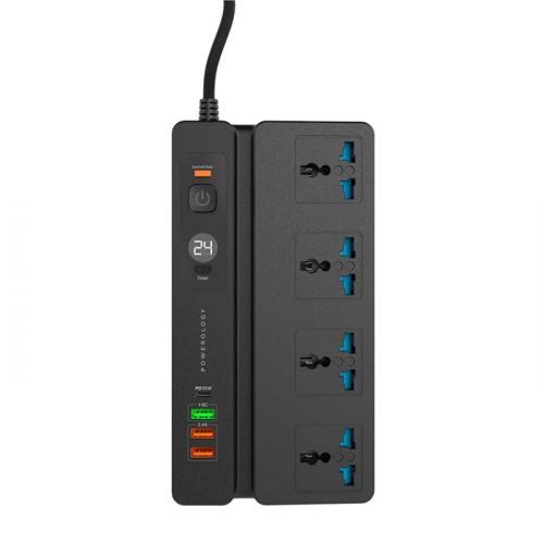 Powerology 4 AC 3 USB & USB-C PD 35W Multiport Socket with Phone Stand and Timer 3M - Black