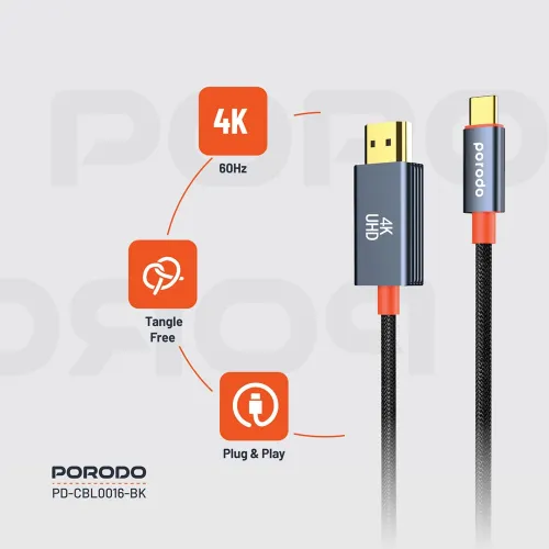 Porodo Woven Cable Type-c To Hdmi - Black