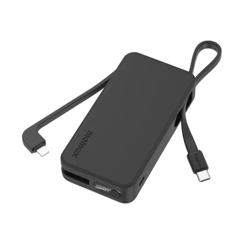 Momax 1-Power Vital+ Battery Pack 10000mAh With Dual Built-In Usb-C & Lightning Cable Black