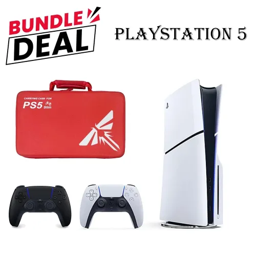 PS5 Slim Disc Console (R2) Bundle – Includes Controller + Carrying Bag Red