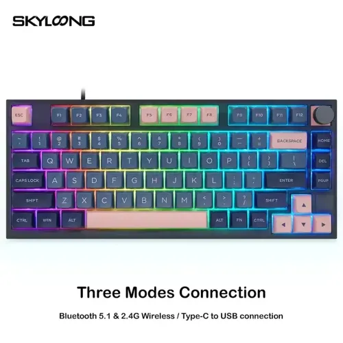 Skyloong Gk75 Three Modes Connection - Blue-pink (Mechanical & Hot-swappable Knob) Gaming Keyboard (Switch Brown) English / Arabic Layout