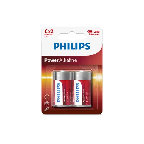 Philips Power Alkaline LR14 C Batteries 1.5V 2 Pack (Open Box)