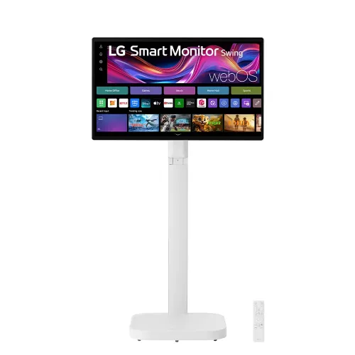 LG 31.5-inch 4K UHD IPS Smart Monitor Swing with touchscreen, featuring a unique movable stand and webOS system