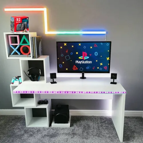 Gaming Desk With Detachable Cube Shelves RGB – White