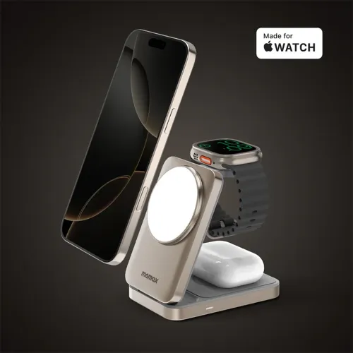 Momax 1-Charge Q.Port 3-in-1 Foldable Qi2 15W Magnetic Wireless Charging Stand - Titanium