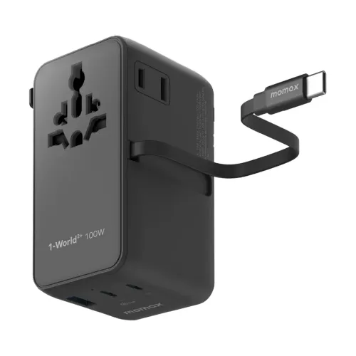 Momax 1-World²⁺ 4-Port Mini Universal Travel GaN Charger with Built-In Retractable Cable 100W with Dual AC - Black