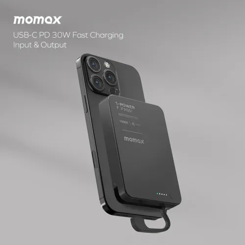 Momax 1-power F.pass⁺ 10000mah Magnetic Battery Pack With Built-in Cable - Black