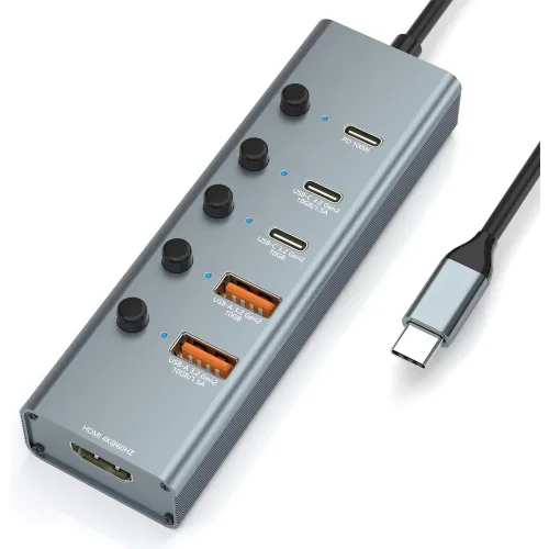 Yuanshan 6-in-1 USB-C Hub Adapter — USB 3.2 Gen 2 10Gbps, 4K@60Hz HDMI, 100W PD