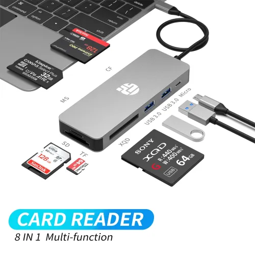 Yuanshan 8-in-1 USB C Hub with Power Delivery - USB 3.0 Ports & SD/XQD/CF Card Reader