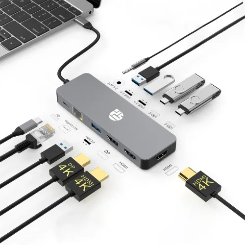 Yuanshan 11-in-1 USB-C Docking Station with Dual HDMI, DP 4K, Gigabit Ethernet, Audio, and 100W PD
