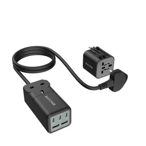 Ravpower 75w Power Strip 5-port With Ac Outlets Uk Plug + Travel Charger Adapter - Black