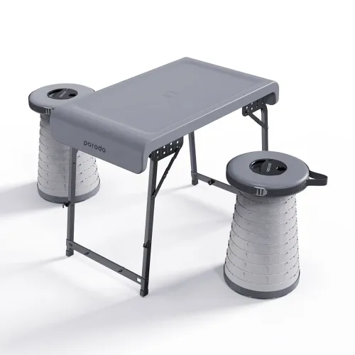 Porodo Camping Foldable Desk And Led (White/yellow) Stool Set - Grey