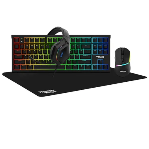 Twisted Minds Wired Keyboard Rainbow Static Headset Led Multi-media Keys Keyboard And Mouse Pad 4in1 Gaming Bundle
