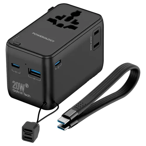 Powerology 2500W Universal Travel Adapter with 4000mAh Power Bank - Black