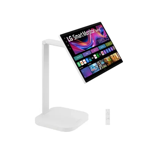 LG 31.5-inch 4K UHD IPS Smart Monitor Swing with touchscreen, featuring a unique movable stand and webOS system