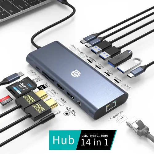 Yuanshan 14-in-1 USB C Hub Dual Display HDTV USB C Docking Station Multiport Adapter with USB 3.2 4K HDMI