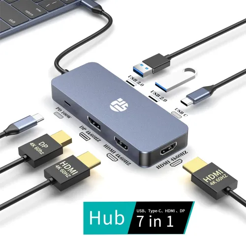 Yuanshan 7-in-1 USB-C Hub with Dual HDMI, DisplayPort 4K@60Hz, 100W PD, and USB-A Expansion